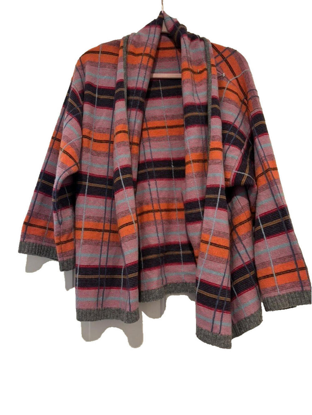 Moda Interational oversized S lambswool orange plaid open front cardigan FF
